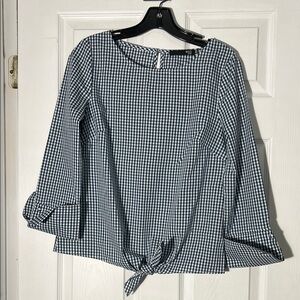 Max Jeans Navy Checkered Tie-Front Blouse